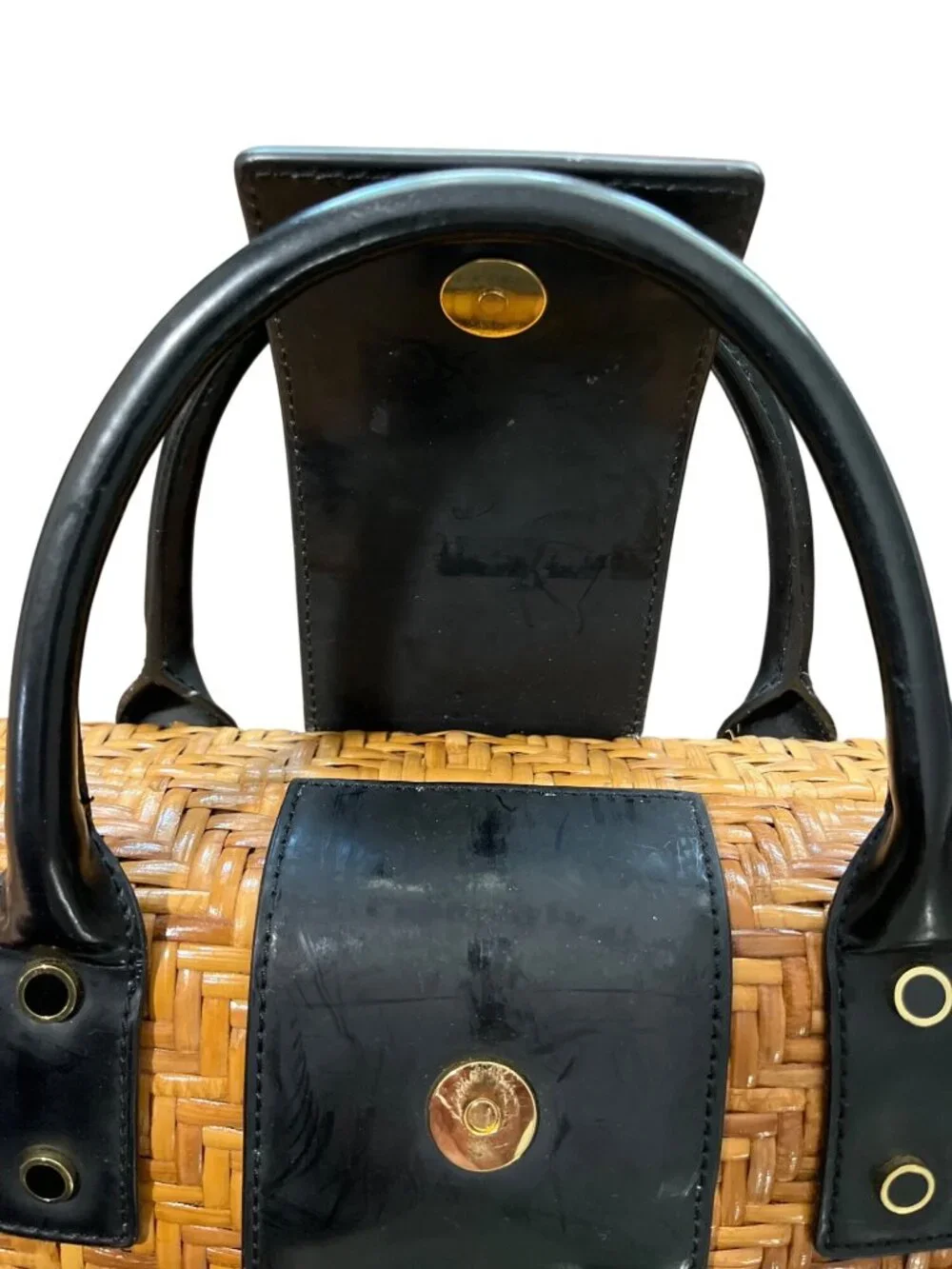 Vtg Monsac Woven Rattan Wicker & Black Leather Handbag Box Purse Top Handles